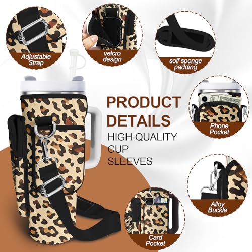 Water Bottle Carrier Bag for Stanley Cup 40oz/30oz with Phone Pocket, Neoprene Water Bottle Holder with Adjustable Shoulder & Handle Strap, Stanley Cup Accessories for Walking Travel Gym - color: Brown Leopard Print