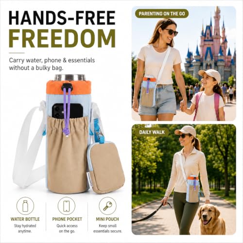 Water Bottle Holder with Strap Fits 16-24oz Bottle, Water Bottle Carrier with Earphone Bag, Hands-Free Crossbody Bottle Bag for Dog Walking, Travel, Hiking & Everyday Use - color: Blue