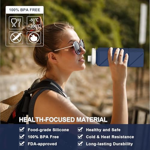 BEAUTAIL Collapsible Water Bottles 21oz/610mL, Silicone Travel Water Bottle - color: Dark Blue+Blue