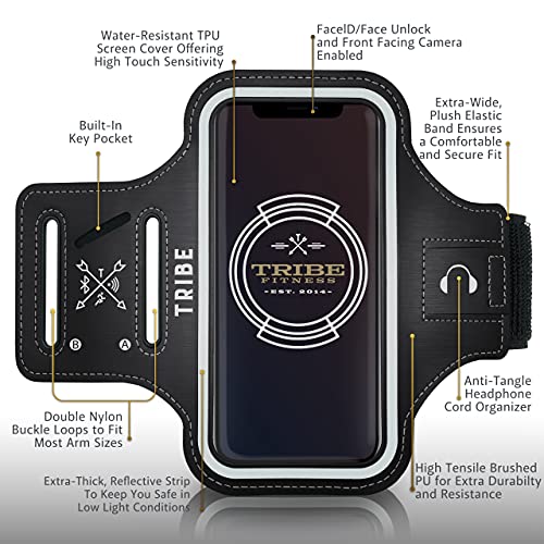 TRIBE Water Resistant Cell Phone Armband Case Running Holder for iPhone Pro Max Plus Mini SE (13/12/11/X/XS/XR/8/7/6/5) Galaxy S Ultra Plus Edge Note (21/20/10/9/8/7/6/5) Adjustable Strap & Key Pocket - color: Black/Grey, size: S: iPhone Mini/8/7/6/5/4/3/