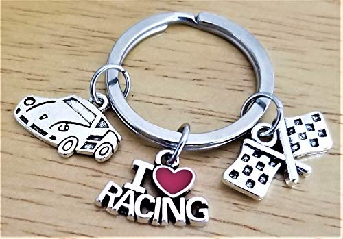 Kit's Kiss Racing Keychain Race Car I Love Racing Flag Keyring Racer Gift
