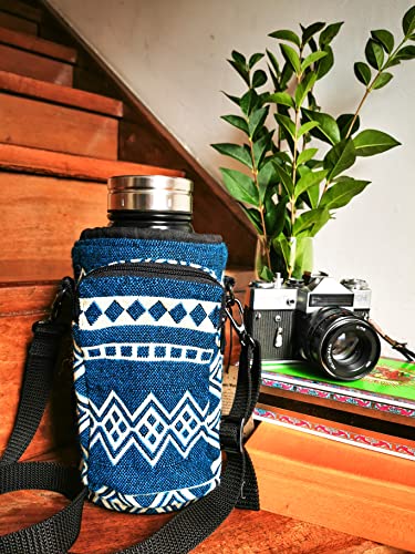 Water Bottle Holder with Strap & Pocket for Phone, Card, Cash or Keys | Bottle Sleeve Carrier for Walking, Backpacking | Hydro and Iron Flask Sling Bag | Camping Accessories (64, Laguna Blue)