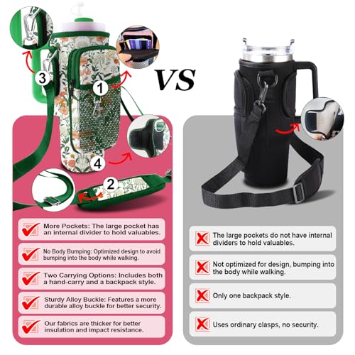 Stanley Carrier Bag for Stanley 40oz/30ozTumbler with Phone with 2 Adjustable Strap,3 Pockets Bottle Stanley Cup Carrier Bag & Case,Accessories for Hiking Travelling - color: Green Flower