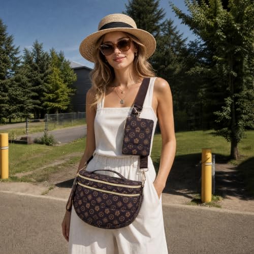 Makes Checkered Crossbody Bag Bum Bag for Women with Pouch - color: Puffer Coffee Flower