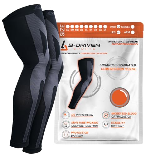 B-Driven Sports Full Leg Compression Sleeves, Graduated Compression 20-30mmHg, Thigh to Ankle, Medical Grade, Calf, Knee, Varicose Veins, Running, Sports, Men & Women - 1 Pair - size: XXXXX-Large