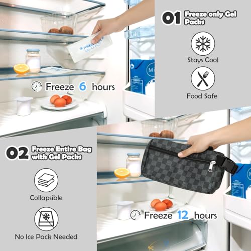 Fammart Freezable Snack Bag with Removable Ice Packs, Small Insulated Lunch Bag Mini Cooler, Leakproof Reusable Snack Lunch Box with Buckle Handle for Work, Travel, Office - Checkered Gray - color: with Ice Packs - Checkered Gray