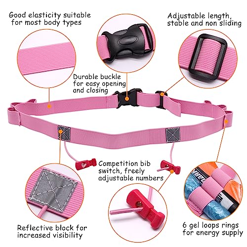 2Pcs Race Number Belt Race Bib Belts with 6 Energy Gel Loops for Marathon Triathalon Running No Safety Pins Required (Black/Pink) - color: Black&pink
