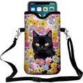 Universal Neoprene Cell Phone Pouch 7.1 X 4 in Mobile Protection Case Bag with Crossbody Strap/Neck Lanyard Black Cat Floral Printed Pattern - color: Black Cat Floral Printed Pattern