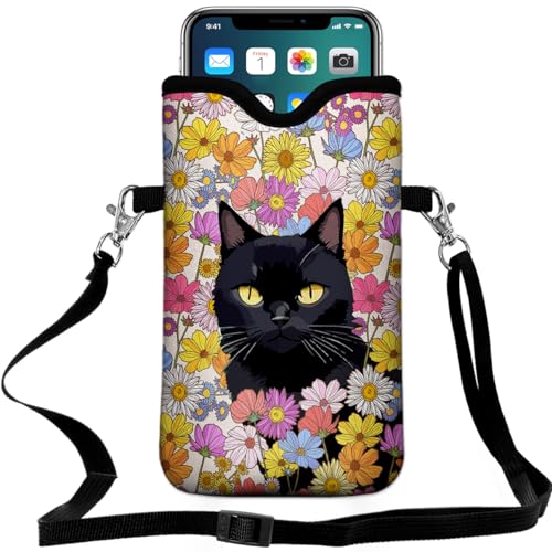 Universal Neoprene Cell Phone Pouch 7.1 X 4 in Mobile Protection Case Bag with Crossbody Strap/Neck Lanyard Black Cat Floral Printed Pattern - color: Black Cat Floral Printed Pattern
