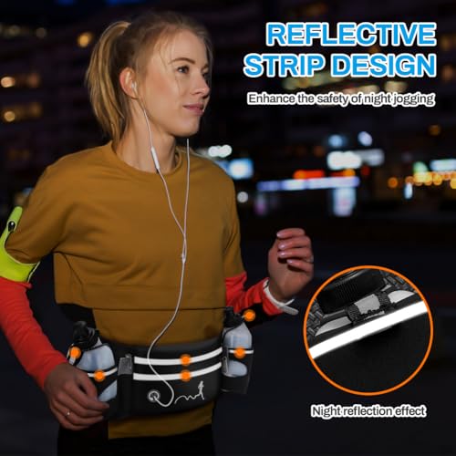 Hydration Running Belt with Water Bottles(2 x 300ML), Luckit Nylon Webbing Running Waist Bag Reflective Bum Bag Adjustable Sports Waist Pouch for Marathon Running Hiking Camping Jogging (Black) - color: Black