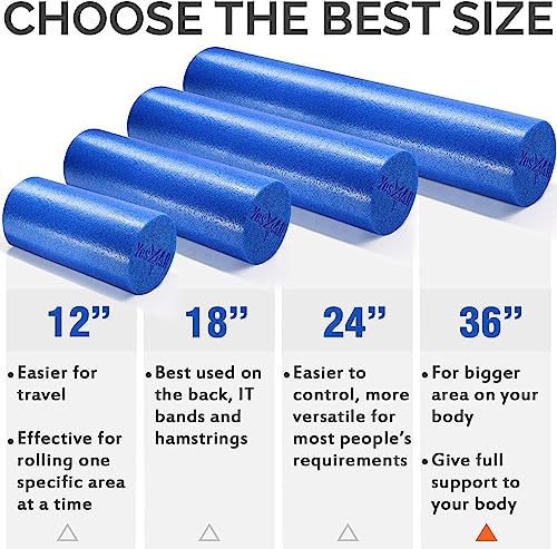 Yes4All Medium Firm Round PE Foam Roller for Pilates, Yoga, Stretching, Balance & Core Exercises - 4 Sizes 12/18/24/36-inch