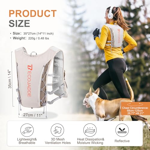 BECOJADDE Running Vest for Women Men, 5L/6L Lightweight Hydration Backpack Running Pack for Marathon, Trail, Cycling, Hiking, Jogging - color: Khaki