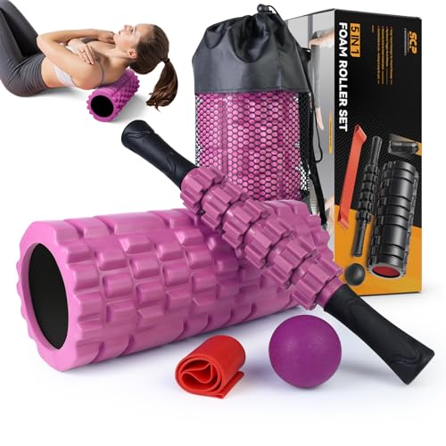 SUBCULTUREPICK 5 in 1 Foam Roller Set for Deep Tissue Muscle Massage - color: Pink-black