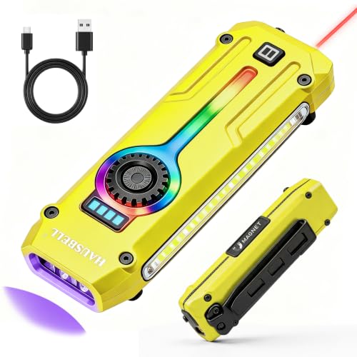 HAUSBELL Flat EDC Flashlight 1800LM Turbo, 0.6" Ultra-Slim Pocket Light with Stepless Dimming Dial, Magnetic Base, 365nm UV & Red Laser, Side-COB Flood, USB-C Fast Charge, IP44 Weatherproof - color: Yellow
