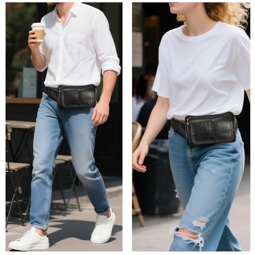 NIUCUNZH Real Leather Fanny Pack for Men Women Sling Waist Packs for Travel - color: Black