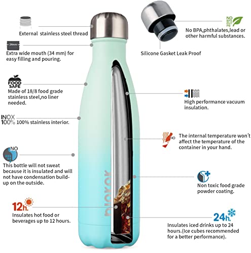 BJPKPK 17 oz Insulated Water Bottle, Stainless Steel Flask, Leak Proof - color: A-Mint, size: 17 Ounces