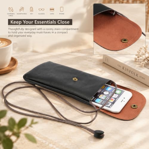 Cell Phone Neck Pouch PU Leather Bag with Credit Card Holder Adjustable Strap, Small Travel Purse Lightweight Mini Wallet Carrying Bag Fits iPhone 16+, Galaxy S25+, Pixel 9 Pro (Black) - color: 01 Black