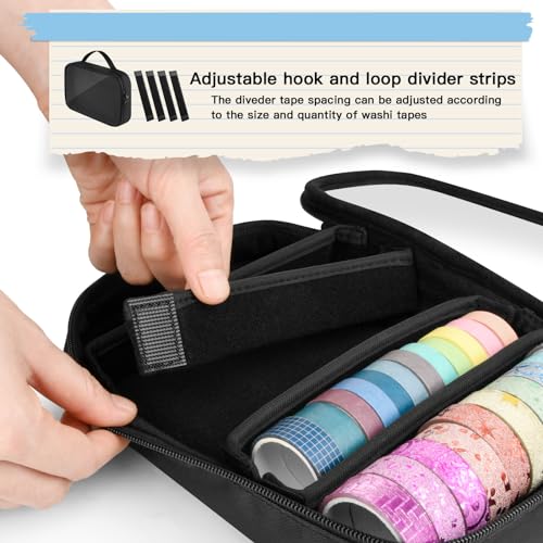 Homakover Washi Tape Organizer Carry Case with Remove Divider Strip, Tape DIY Sticker Roll Tape Holder Wrapping Ribbon Storage Bag with Handle Strap, Clear PVC Window, Black