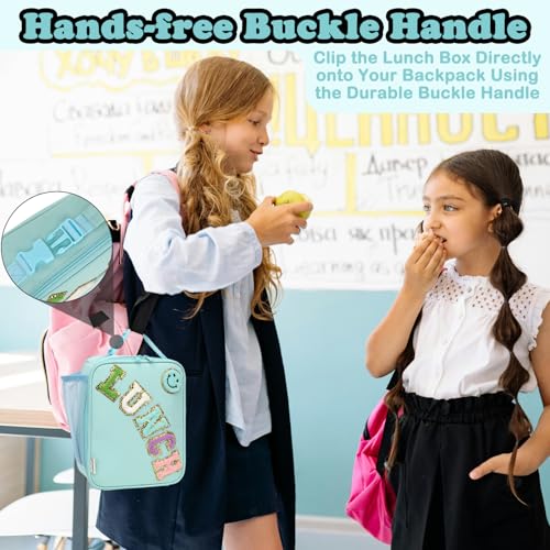 FlowFly Lunch box Insulated Soft Bag Mini Cooler Back to School Thermal Meal Tote Kit With Buckle and Mesh Side Pocket for Girls, Boys, GreenWithLetter - color: GreenWithLetter