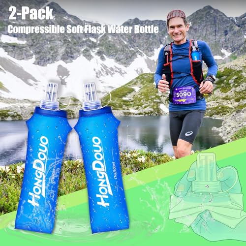 2PCS Running Vest Soft Flask, BPA-Free Soft Flasks 17oz/500ml TPU Collapsible Water Bottle for Hydration Backpack, Folding Running Water Bottles for Marathon Hiking Cycling Climbing - color: Sky blue
