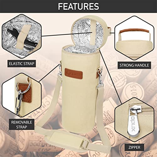 opux Single Bottle Wine Bag Carrier Insulated Cooler Tote with Strap, Cream - color: Cream Beige