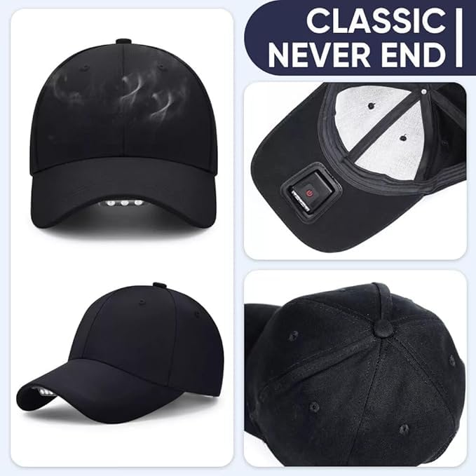 Baseball Cap with Light, Hands Free LED Baseball Cap with 5 LED Battery Powered Headlamp Hat Flashlight Hat - color: Black+black