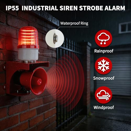 AC110V Industrial Siren Alarm Strobe Light-120dB Loud Horn&Waterproof Red Beacon Warning Light for Emergency,Factory,Fires,Tornado,Intruder Deterrent (AC110V Red Light (Switch,0-120dB)) - style: AC110V Red Light (Switch,0-120dB)