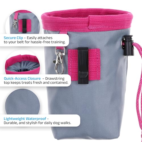 DOOG Clip On Dog Treat Pouch (Small) - Compact Hands-Free Puppy Training Reward Bag with Secure Waist Clip, Pull-String Closure & Washable Inner Lining - Grey/Pink - color: Grey/Pink, size: Small