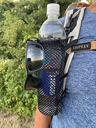 Water Bottle Holder for Backpack Non-Detachable Shoulder Straps - Fits 1L Smartwater, Detachable Rear Clips, Ultralight 0.7 oz, Durable Nylon Mesh Backpack Attachment