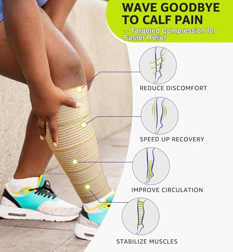 HiRui Calf Compression Wraps, 71" Adjustable Elastic Bandage Sleeves, Lower Leg Calf Support for Men & Women, Shin Splints Relief, Varicose Veins, Fitness, Running, Basketball, Soccer (1, Beige) - color: Beige