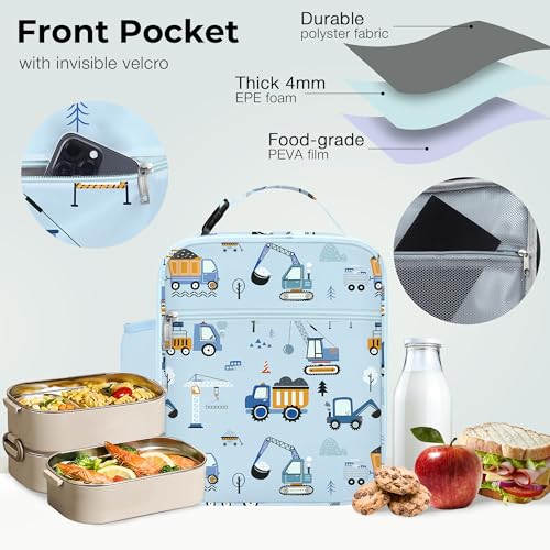 Clastyle Car Insulated Kid Lunch Bag for Boy Lunch Box, Blue Construction - color: Blue Construction