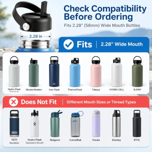 Straw Lid for Hydro Flask 12 16 18 20 32 40 64 oz Wide Mouth Water Bottles - color: black