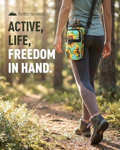 AUPET Water Bottle Sling Bag Sleeve Holder Carrier 25/32/40/64 oz,Insulated Crossbody Water Bottle Case Cover with Strap and Pockets for Men/Women Walking Hiking - color: Sunflower Green background, size: 40oz