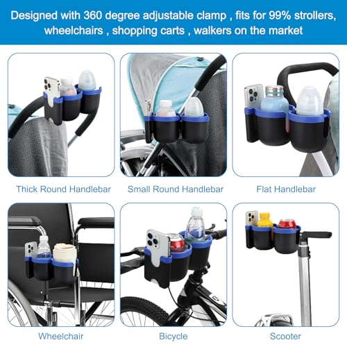 Accmor Stroller Cup Holder with Phone Holder, Bike Cup Holder, Walker Scooter Wheelchair Cup Holder Attachment, Universal Cup Holder for Uppababy Graco Strollers - color: Double Holder-Blue