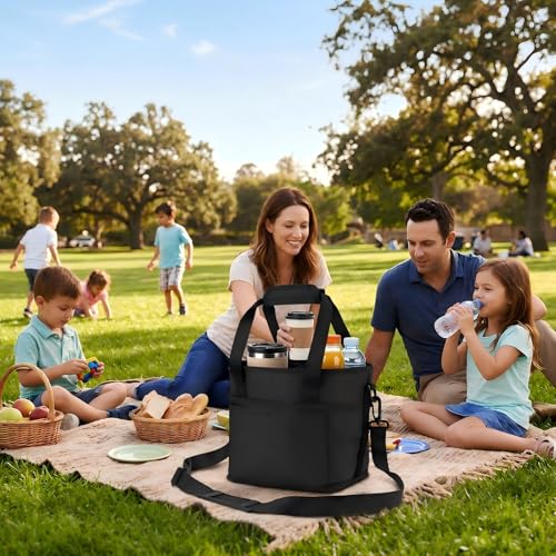 Drink Carrier Bag, 4 Compartment, Insulated Drink Carrier – Water Bottle Holder with Strap, Padded Handle Grip, Family Picnic Cooler Bag for Travel, Commute (Black) - color: Black