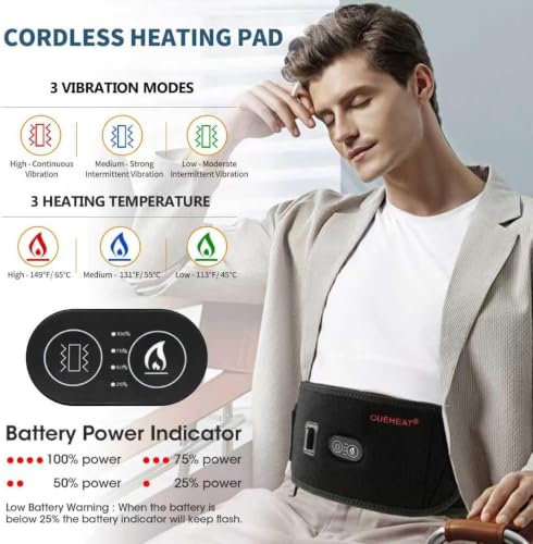 CUEHEAT Heated Waist Belt with Vibration - Cordless Lower Back Heating Pad - size: 45 inches