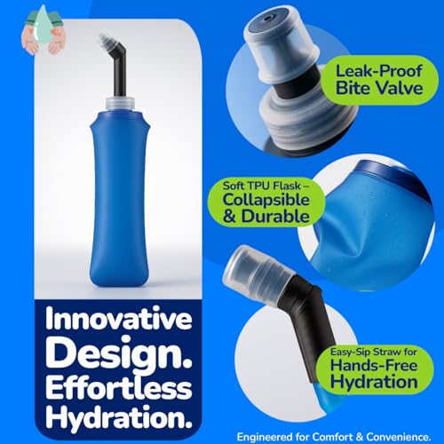 TPU Soft Flask 500ml 2 Pack with Straw, Collapsible Running Water Bottles, Lightweight Foldable Hydration Flasks for Vests, Hiking, Trail Running, Cycling and Outdoor Activities