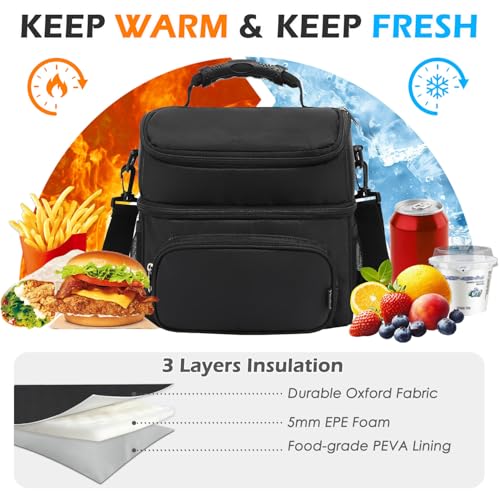 FlowFly Double Layer Cooler Insulated Lunch Bag Adult Lunch Box Large Tote Bag for Men, Women, With Adjustable Strap,Front Pocket and Dual Large Mesh Side Pockets - color: Black