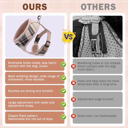 SCENEREAL Small Dog Harness and Leash Set, Plaid Beige, XS - color: Beige, size: XS: Chest Girth: 10"-14"