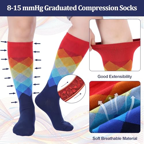 Shyyween 12 Pairs Men Knee High Compression Socks - size: Large, style: Color Wave
