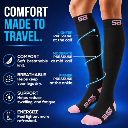 SB SOX Lite Compression Socks for Flying (15–20 mmHg) - color: Black/Pink, size: L/XL