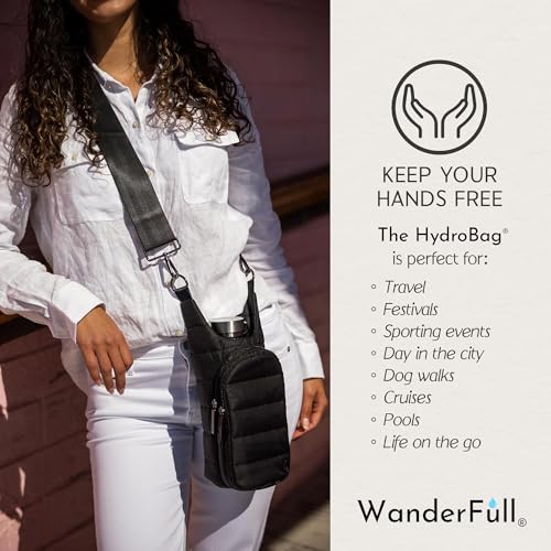 WanderFull Original HydroBag Crossbody Water Bottle Holder with Phone Pocket, Fits Water Bottles up to 32 oz - color: Black Matte - Striped Strap