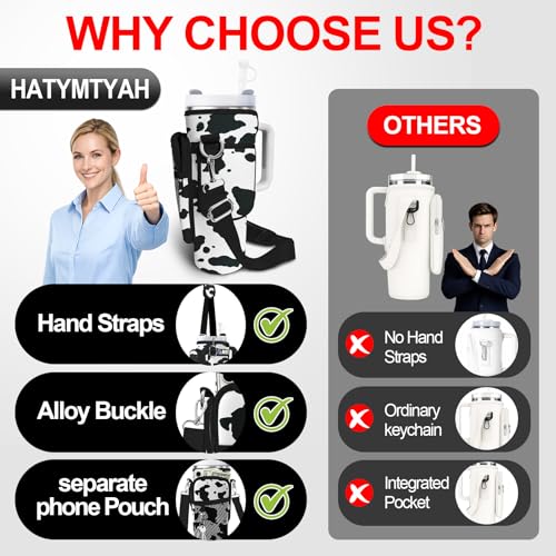Water Bottle Carrier Bag for Stanley Cup 40oz/30oz with Phone Pocket, Neoprene Water Bottle Holder with Adjustable Shoulder & Handle Strap, Stanley Cup Accessories for Walking Travel Gym - color: Cow Print
