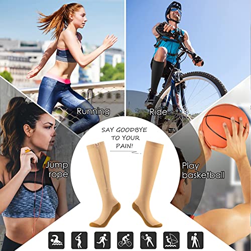 cerpite Zipper Compression Socks, 2 Pairs 15-20 mmHg Closed Toe Compression Stockings for Men Women - color: Beige Copper, size: Small-Medium