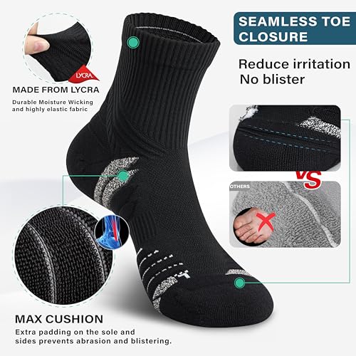 Hylaea Mens Quarter Running Socks for Athletic with Cushion Wicking Coolmax - color: Black 3 Pairs, size: X-Large