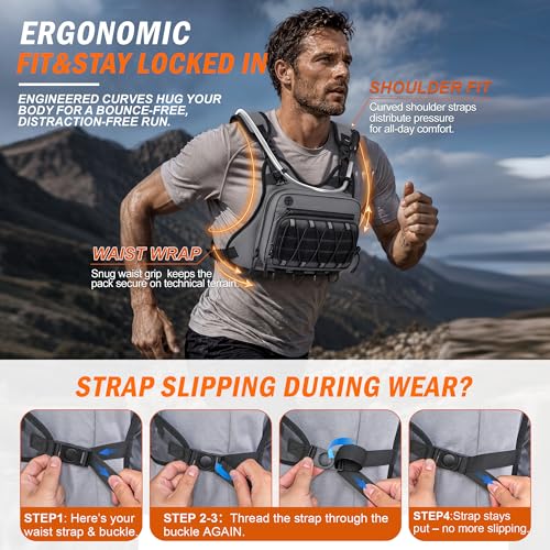 BECOJADDE Running Vest for Men with 2L Water Bladder Tactical Hydration Backpack Adjustable Lightweight Chest Pack for Marathon Hunting Cycling - color: Gray