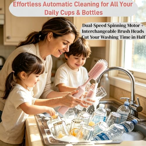 Electric Bottle Brush, Rechargeable Auto Spinning Bottle Cleaner, All-in-One Cleaning Kit with Multi Brush Heads & Stir Stick for Baby Bottles & Drinkware, Great Household Helper and Ideal Gift - color: Light Pink
