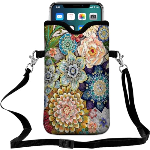 Universal Neoprene Cell Phone Pouch 7.1 X 4 in Mobile Protection Case Bag with Crossbody Strap/Neck Lanyard Mandala Flower Printed Pattern - color: Mandala Flower Printed Pattern