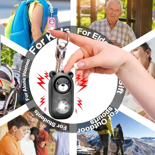 Personal Safety Alarm Keychain with LED Light, 130dB Emergency Alert, Rechargeable Bear Design for Women, Children,Girls - color: Black