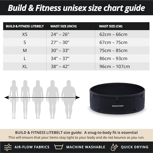 Build & Fitness LiteBelt Running Belt – 4 Quick Top-Access Pockets –Flip Waist Pack, Running Phone Holder – Fits All Size Phones, Keys, Cards, Earpods, GUs – for Men and Women (Black, L) - size: Large